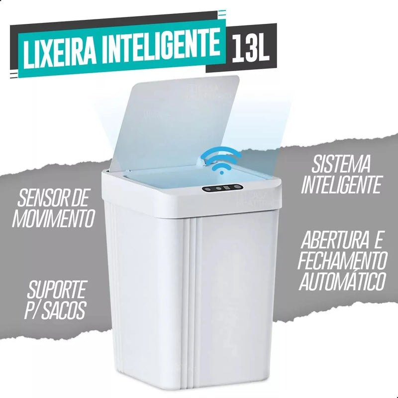 Lixeira Automática com Sensor Inteligente Cesto de Lixo 13 Litros Abre Fácil Sem Toque Para Casa Banheiro Cozinha Quarto Sala