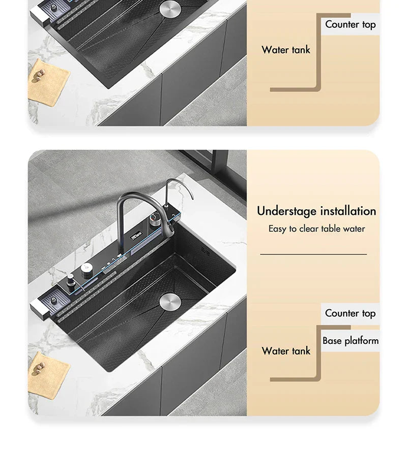 Pia de cozinha cascata de aço inoxidável, grande slot único, display digital integrado, conjunto de torneira, dispensador de sabão, copo, lavadora
