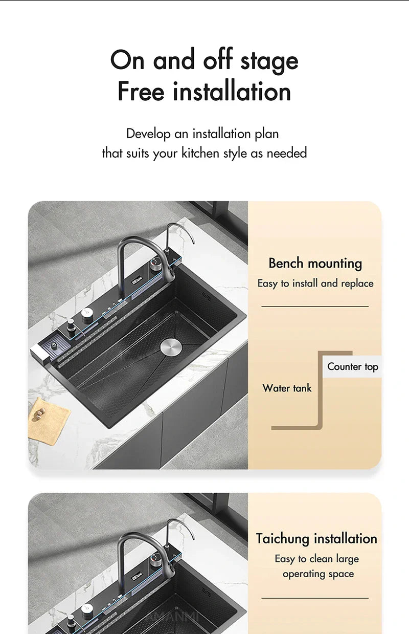 Pia de cozinha cascata de aço inoxidável, grande slot único, display digital integrado, conjunto de torneira, dispensador de sabão, copo, lavadora